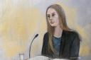 Court artist drawing by Elizabeth Cook of Lucy Letby giving evidence during her trial at Manchester Crown Court.