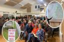 he packed public meeting in Kingston Seymour over the salt marsh plans with (inset) a placard against the plans and a map of the area considered