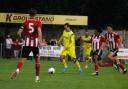 James Dodd on the ball against Exeter City before his two goals against Slimbridge