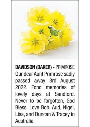 PRIMROSE DAVIDSON (BAKER)