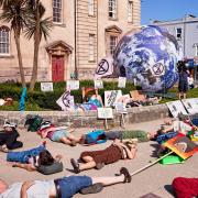 Extinction Rebellion protest outside Weston Town Hall at the start of the inquiry over Bristol Airport's expansion plans.