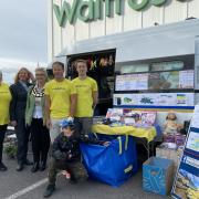 The Teddy Busz team, with mayor Cllr Sonia Russe and Waitrose manager, before they set off for Hungary.