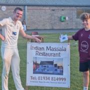 Cheddar's Man of the Match Charlie White (right) accepting his award from Max Marshman