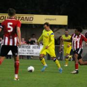 James Dodd on the ball against Exeter City before his two goals against Slimbridge