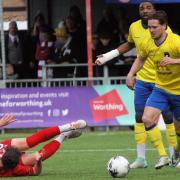 Midfielder Jacob Jagger-Cane on the ball against Worthing in the final match of last season.