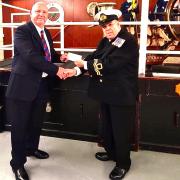 Worshipful Brother Harold Blackwell (left), master of Else Lodge of Mark Master Masons No. 102, gave the £1,000 cheque to Unit Commanding Officer, Lt Barry Fear RNR (right)