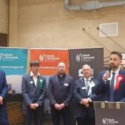 MP Dan Aldridge giving a speech after being elected