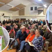 he packed public meeting in Kingston Seymour over the salt marsh plans with (inset) a placard against the plans and a map of the area considered