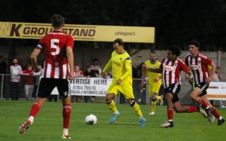 James Dodd on the ball against Exeter City before his two goals against Slimbridge